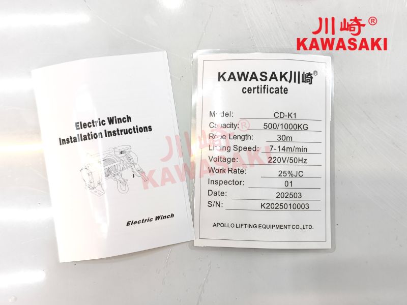 Tời điện đa năng 500kg hãng Kawasaki có đầy đủ CO, CQ