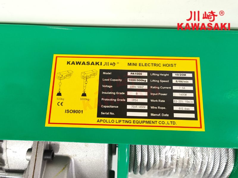 Chi tiết thông số kỹ thuật của tời điện PA1000
