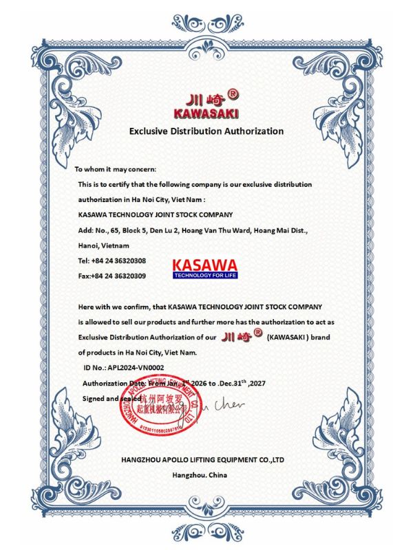 Giấy chứng nhận nhà phân phối chính thức của thương hiệu Kawasaki tại Việt Nam